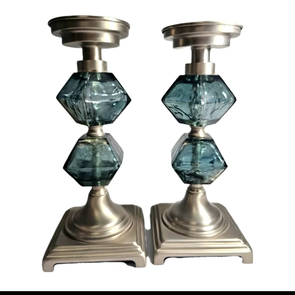 PAIR OF RARE VINTAGE STACKED FACETED TEAL BLUE GLASS MID CENTURY CANDLE HOLDERS